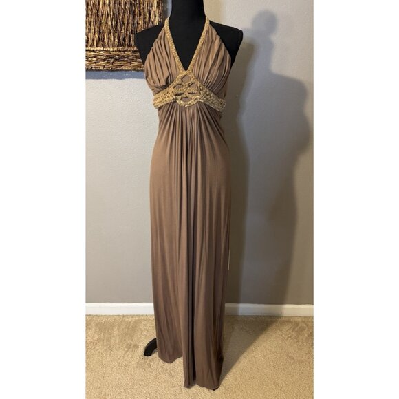 SKY Brand Maxi Dress M Soft Brown Suede Braid Trim Stretch Long NEW - Picture 4 of 12